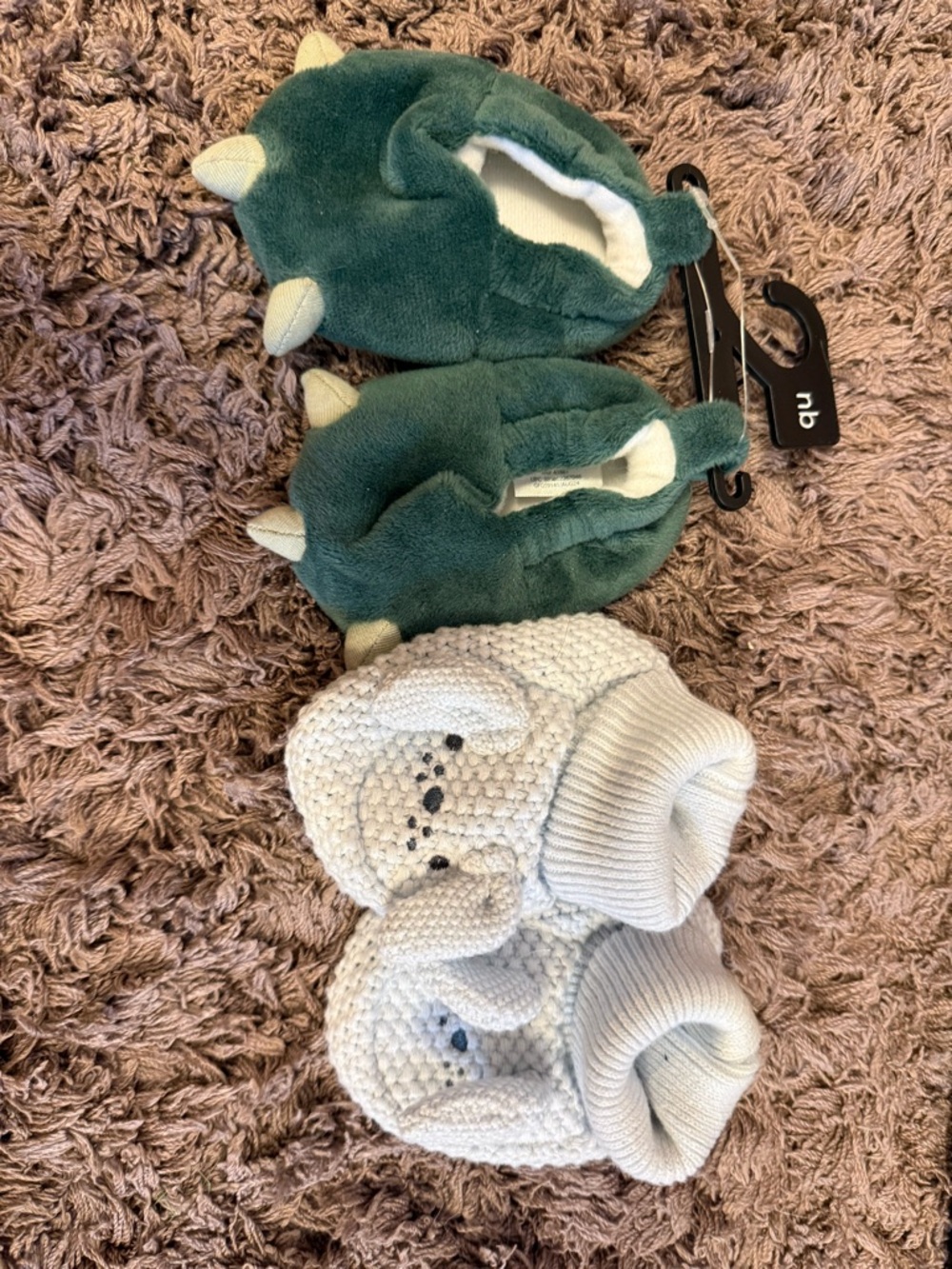 Carter's Green Plush Dino Baby Booties & Light Blue Puppy Slippers Newborn